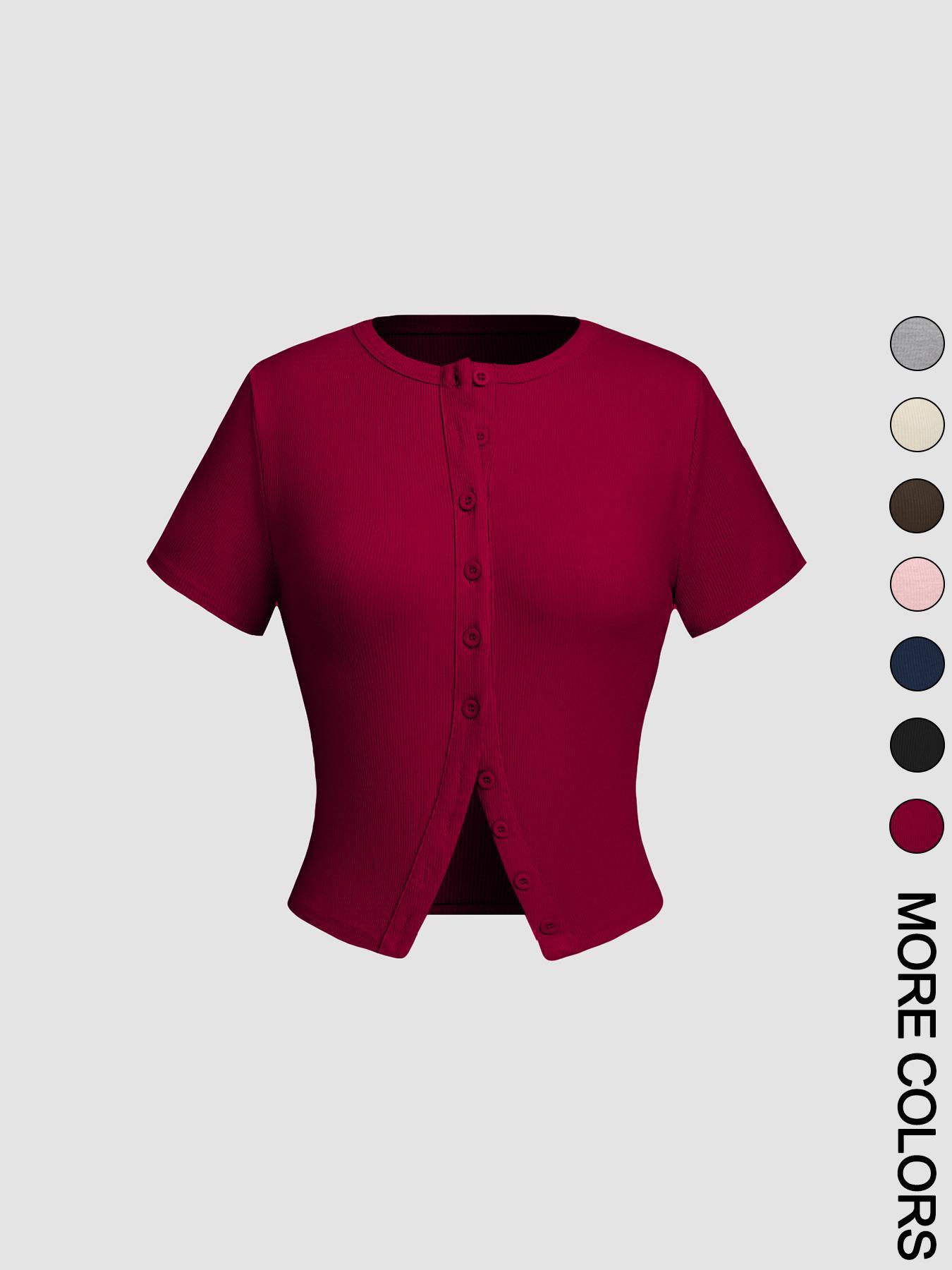 Women's Plain Button Front Crop Tee, Casual Short Sleeve T-shirt for Daily Wear, Ladies Clothes for All Seasons, Womenswear