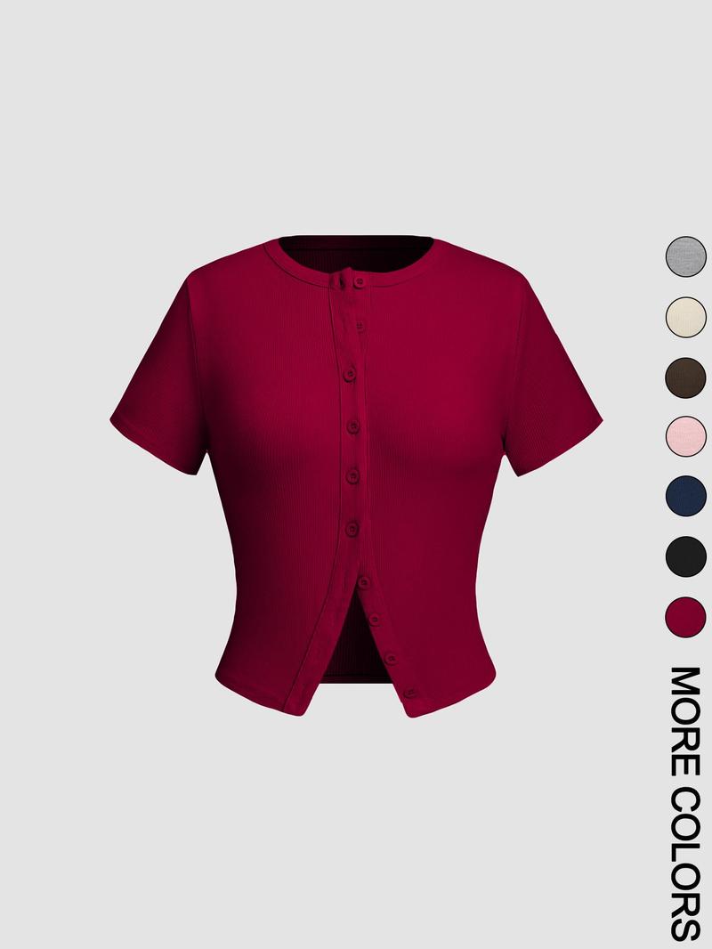 Women's Plain Button Front Crop Tee, Casual Short Sleeve T-shirt for Daily Wear, Ladies Clothes for All Seasons, Womenswear