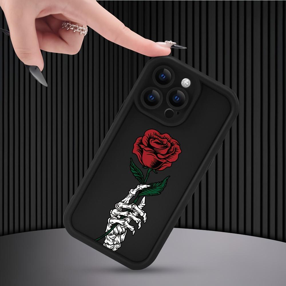 Black Phone Cover Designed for Iphone Models 16 Pro Max, 15 Plus, 14, 13, 12, 11, XR, And XS Featuring a Skull And Rose Design, Made from Anti-Scratch And Shockproof TPU Material for Drop Protection.
