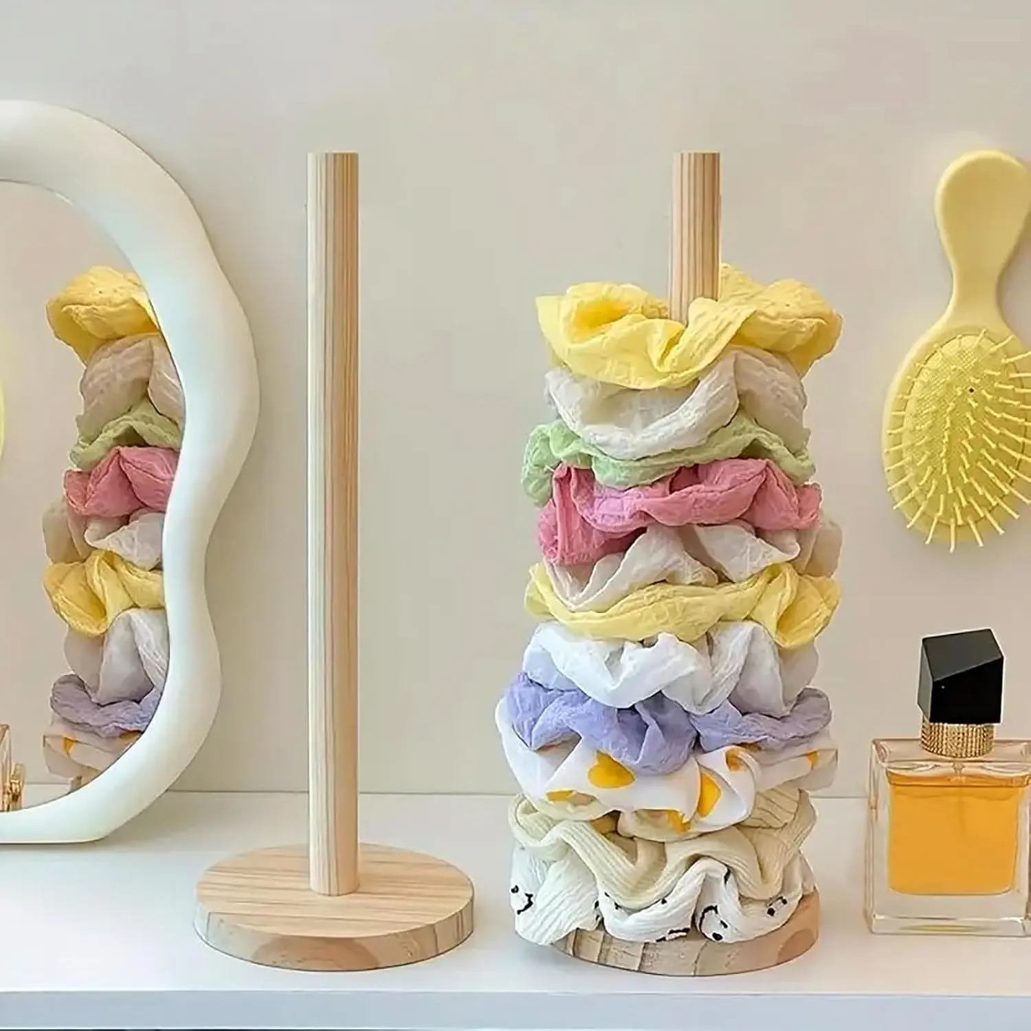 2 count Scrunchie Holder Stand Hair Tie Organizer Hair Accessories Organizer Vertical 15-20 Scrunchies Holder Space-Saving  Scrunchy Holder for Girls Women, Bathroom Bedroom Decor (Wooden)