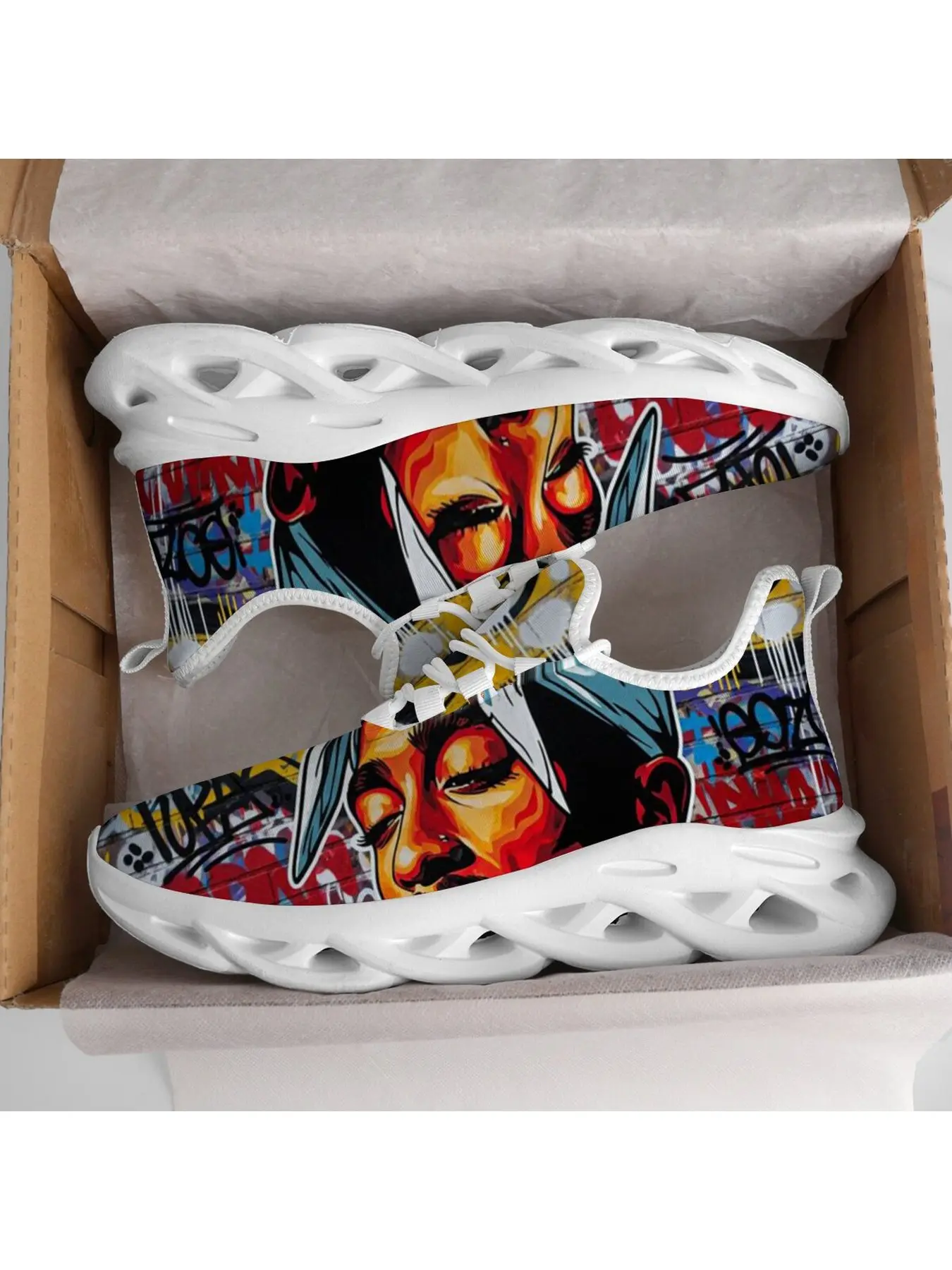 Graffiti Style Rapper Tupac Portrait Art Print Lace Up Running Shoes For Man Woman Colorful Urban Street Wear Casual Footwear Versatile For Daily Outings Cushion Sneakers Hollow Wave Shape Sole Shoes