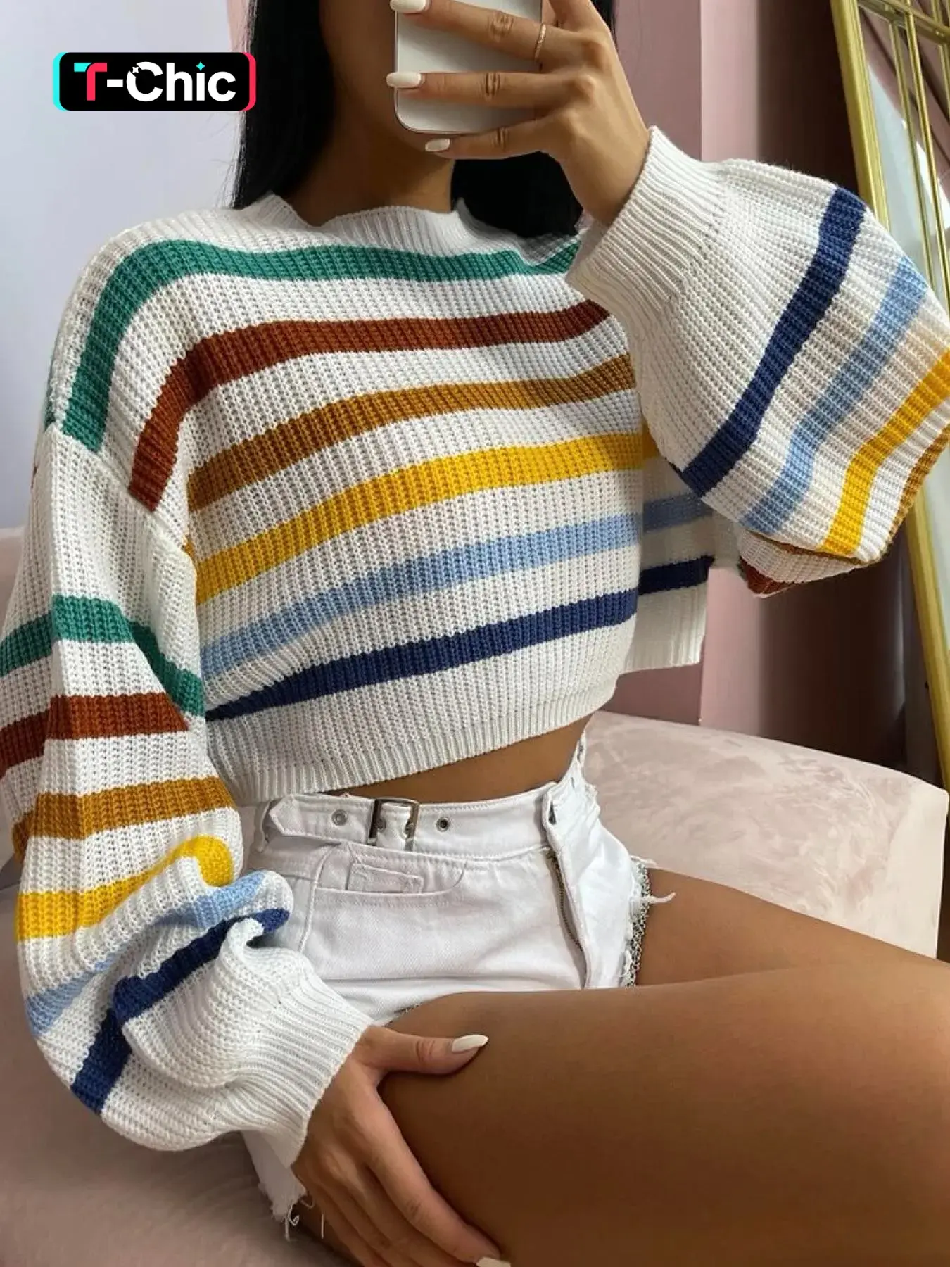 Autumn Winter Simple Style Colorful Striped Short Pullover Sweater, Spring Fashion Casual Lantern Long Sleeve Loose Fit Knitwear, Casual Chic Knitwear