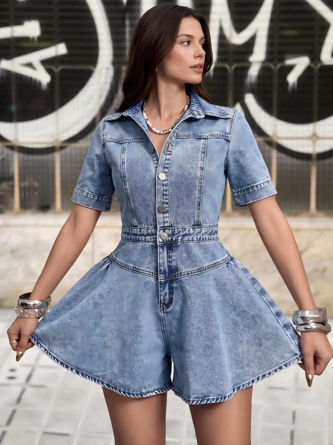 Light Wash Denim Romper for Women, Collared Short Sleeve Front Button High Waist Flare Shorts Romper, Stylish and Comfortable