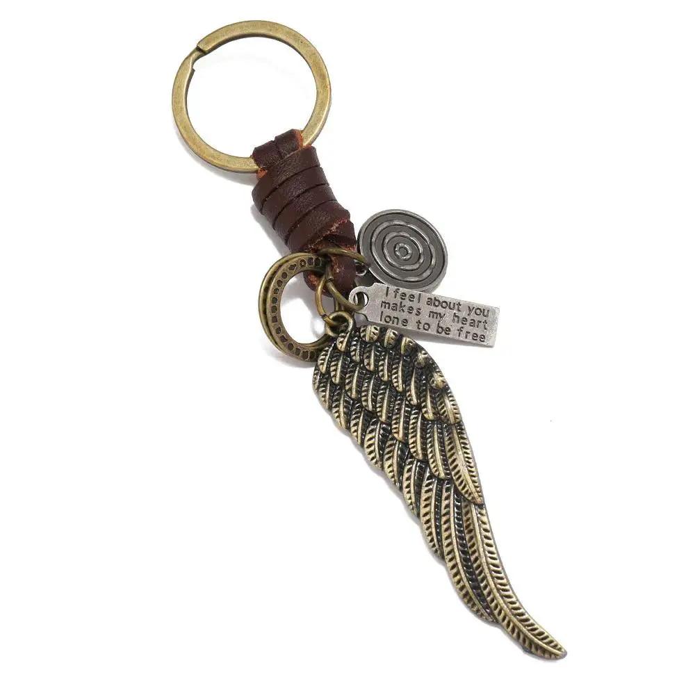 Vintage Angel Wing Keychain, Retro Leather Metal Wing Pendant Key Ring, Inspirational Quote Tag Key Accessory, 2 Colors Black Brown Optional