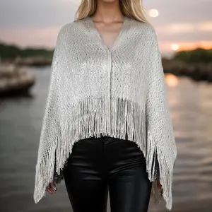Fashion Women Bat Sleeve Cutout Cape Tassel Shawl Luxry Golden Sliver Party Scarf Summer Leisure Long Muffler 100*52cm