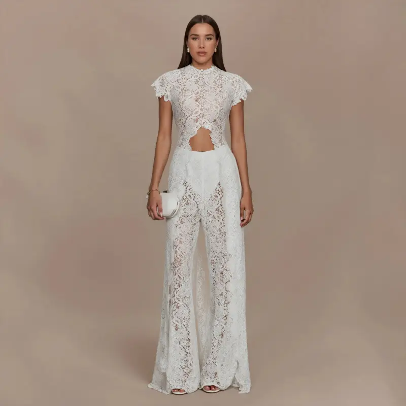 LikeMyChoice 2-Piece Boho Lace Set Sexy Halter Crop Top with Bell Sleeves & High-Waisted Wide-Leg Pants Trendy Eyelash Lace Outfit for Summer Festival & Beach Vacation