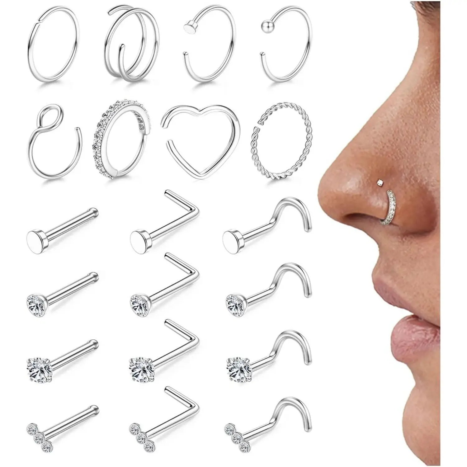 Fansilver Hypoallergenic Nose Rings for Women Men Stainless Steel 20pcs 14K Plated Gold Nose Ring Hoops, L-Shaped, Straight, Corkscrew CZ Nose Studs Set for Nostril Piercings, 18g 20g Nose Jewelry