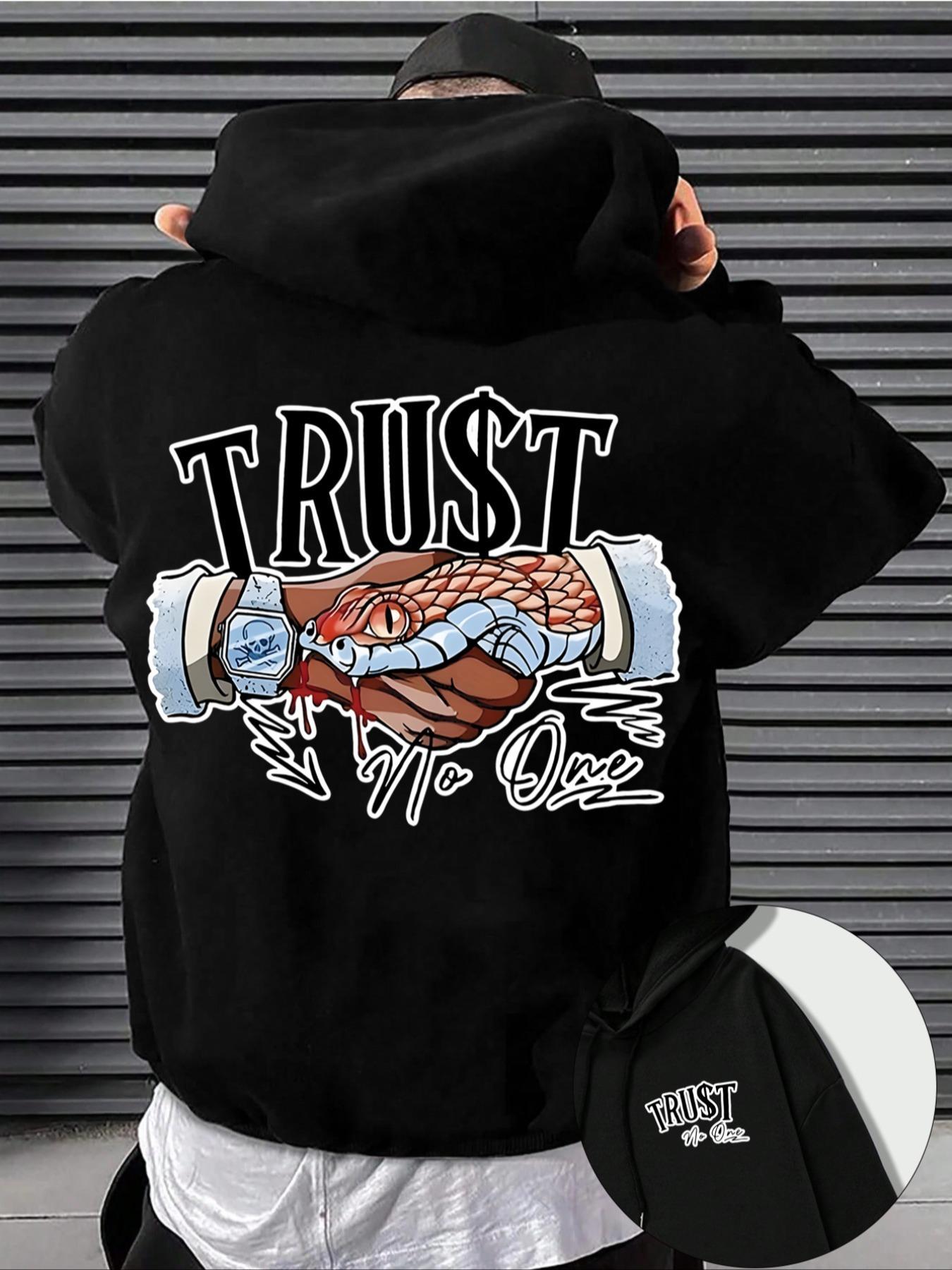 Men's Letter & Hand Print Drop Shoulder Hoodie, Graphic Print Hoodie Fashion Casual Regular Fit Drawstring Pocket Hooded Sweatshirt for Daily Holiday Outdoor Wear, Men Clothes for Fall & Winter