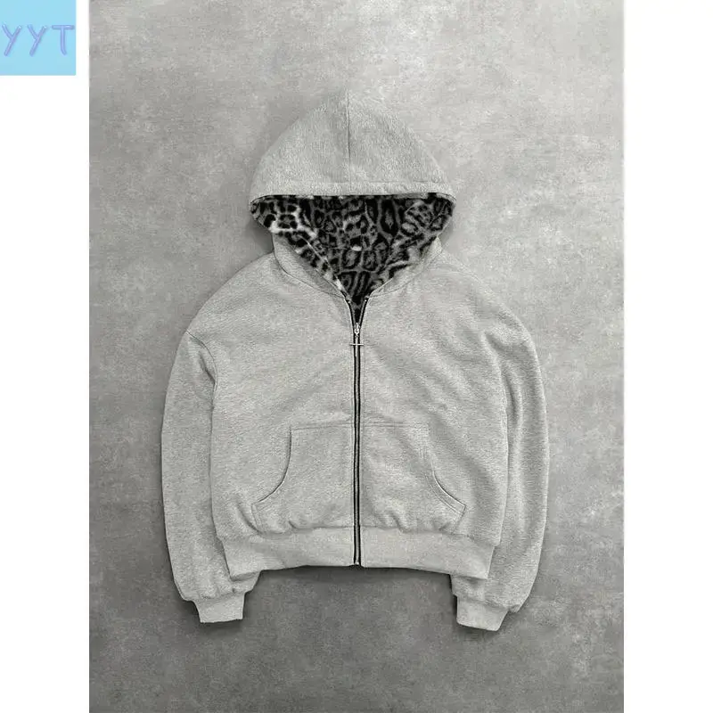 YYT1 New Two-sided Clothing Harajuku Retro Leopard Print Fashionable Loose Zipper Hoodie Men Hip-hop Casual Sweatshirt Women(Raincoats)