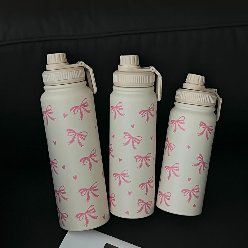 Bow Pattern Stainless Steel Vacuum Flask, 1 Count Portable Large Capacity Water Bottle, Summer Cool Bottle Drinking Cup for Home Office Outdoor Sports, Drinkware, Vacuum Insulated Flask, Stainless Steel Tumbler