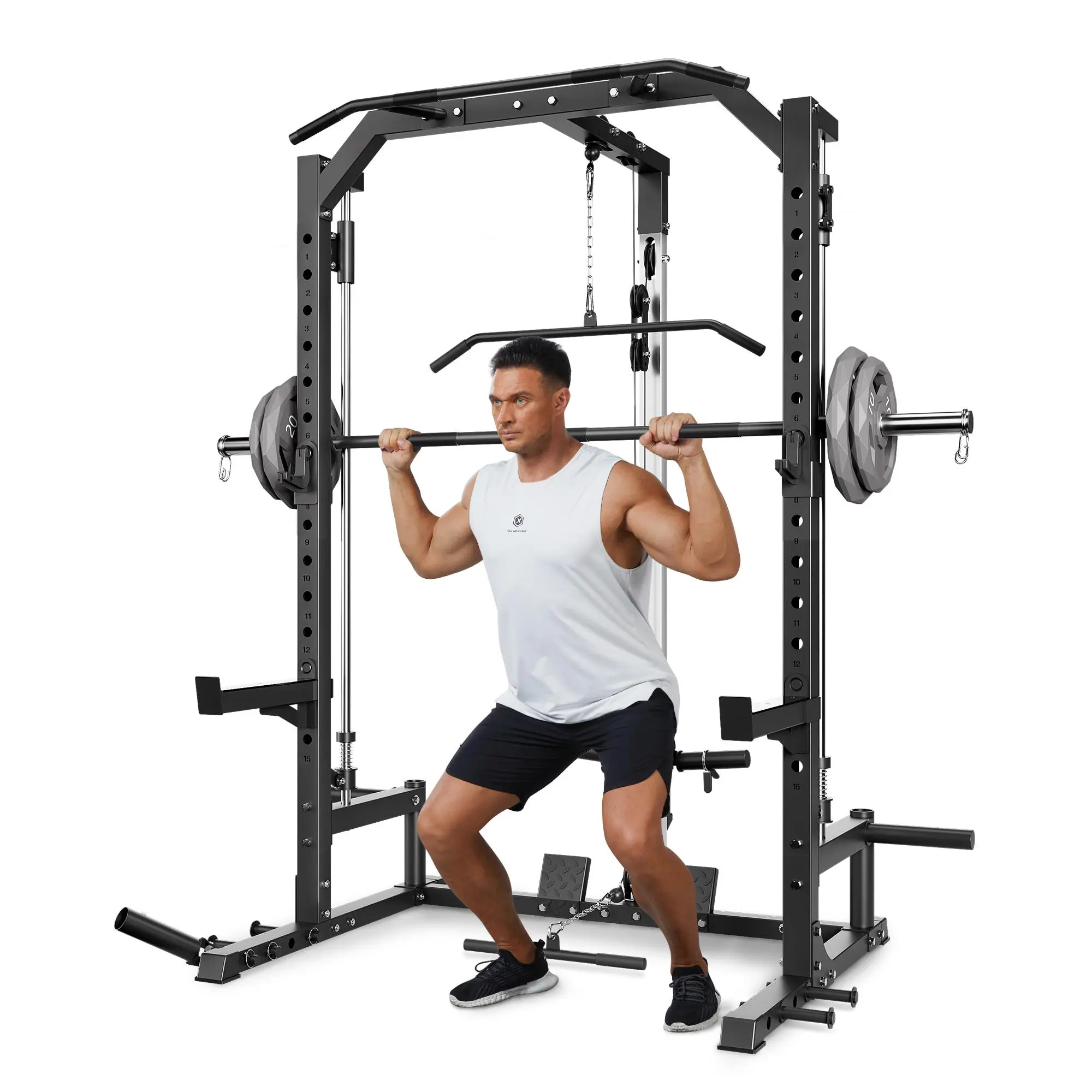 1000LBS Power Cage Smith Machine Home Gym – Multi-Functional Strength Training Equipment with Lat Pulldown, Cable System, Barbell, Safety Spotter Arms, Landmine, J Hooks – Full Body Workout