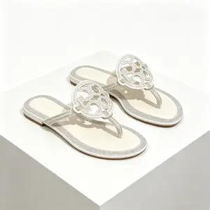 All-Day Comfort Soft Leather Insole Rhinestone Thong Slides, Anti Slip Flat Sole Glitter Trim Flip Flops, Versatile Dressy Casual Sandals for Vacation Shopping Four Fashion Shades
