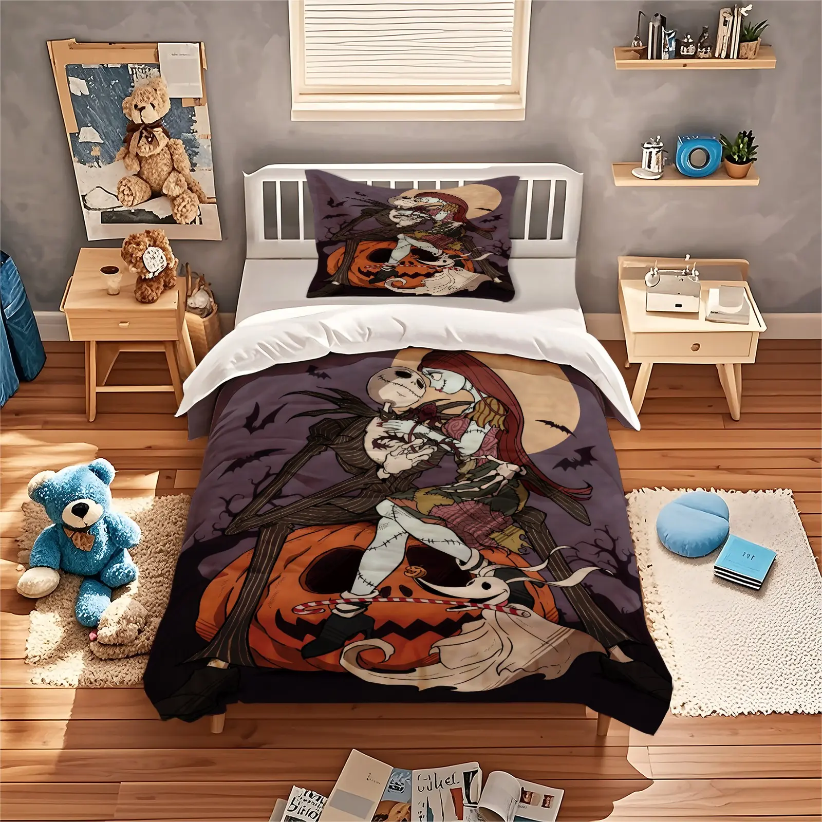 Christmas Eve Horror Printed Pattern Quilt Set, Halloween Micro Terror Theme, 1 Quilt Set with 1/2 Pillowcase (excluding the Quilt and Pillow Core), Suitable for Teenagers and Adults, Suitable as Halloween Gift and Decoration