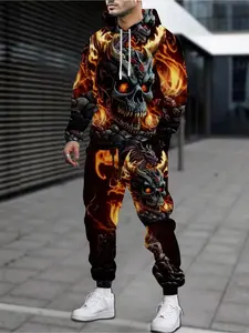 Men's Streetwear Hoodie Set, Flame Skull Dragon 3D Print, Casual Loose-Fitting Long Pants, All-Seasons Geometric Pattern, Natural Waist