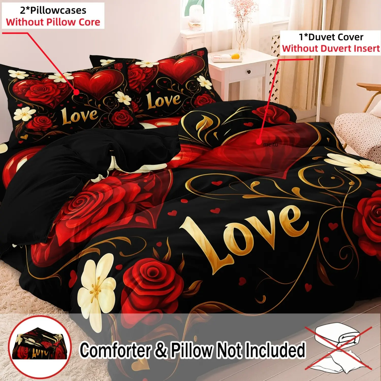 3pcs Set Deep Red Rose Love Heart Rose Design Duvet Cover Set, Print Bedding Set, Suitable For Bedroom, Hotel, Inn, School Dormitory, Holiday Gifts, Decorative Bedding Set, Floral Bedding Sets, Printed Bedding Set (1*Duvet Cover + 2 Pillowcases)