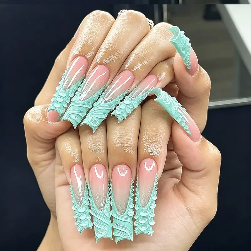 Y2K Mermaidcore 3D Sculpted Press On Nails, Mint Green Tentacle Design Ombre Long Nails, Handmade Glossy False Nails