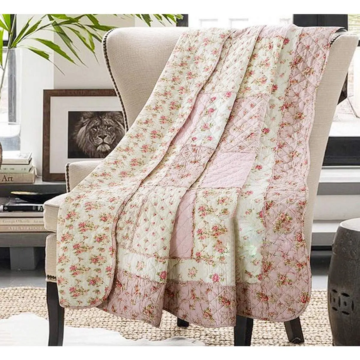 Original 100% Cotton Quilt Twin Size Pink Floral Patchwork Quilts, Lightweight Reversible Bedspread Quilted Throw Blanket, Vintage Shabby Chic Cottage Bedding Coverlet for Bed Couch Sofa