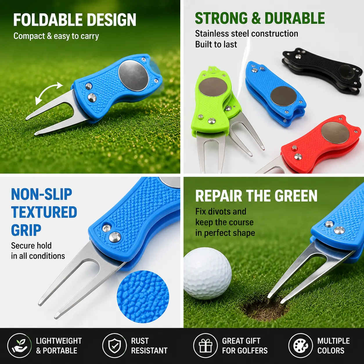 Golf Turf Repair Tool - Compact Professional Foldable Green Metal Pitchfork with Ergonomic Plastic Handle, Durable Metal Body, Ideal for Divot Fixing, Lawn Maintenance, Compact Fold, Ergo Handle, Secure Grip