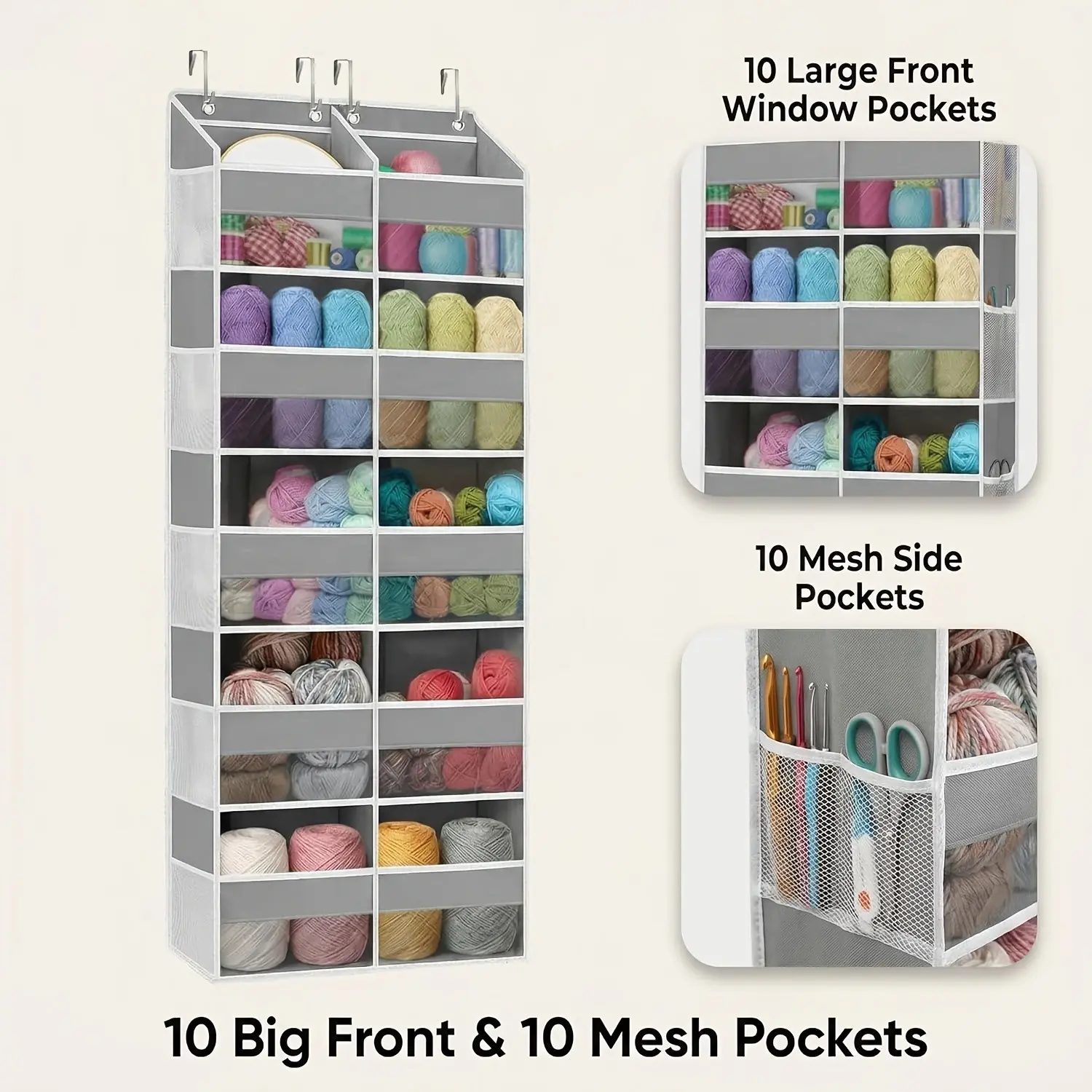 Over The Door Organizer 5 Tiers, Extra Large Behind Door Storage of 10 Big Front And Mesh Pockets, Capacity, Hanging Door Storage for Closet Bedroom, Bathroom, And Pantry, Ideal for Storing Yarn, Art Supplies, And Household Items, Beige/Gray
