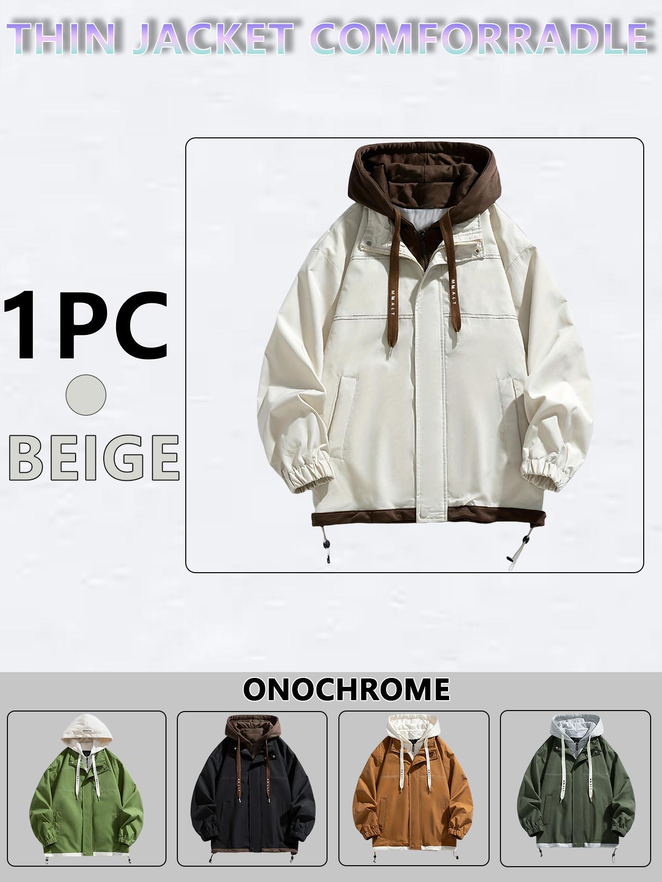 Men's Zip Up Hoodie Coat, Casual Loose Long Sleeve Hooded Sweatshirt Jacket for Daily Wear, Fake Two-Piece Jacket, Men's Clothing for All Seasons, Zip Hooded Longsleeves Menswear Halloween Gifts SpringStatements