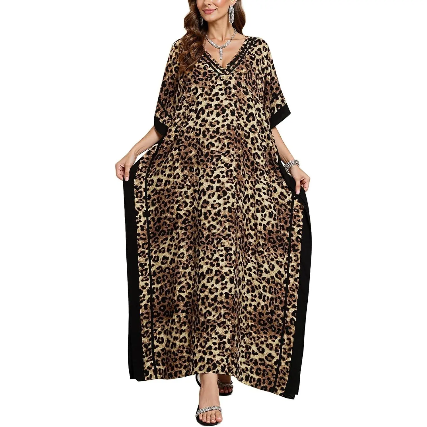 Plus Size Boho Batwing Sleeve Caftan Dress for Women with Side Slits, Long Muumuu Nightgown & Beach Cover Up(Gift)