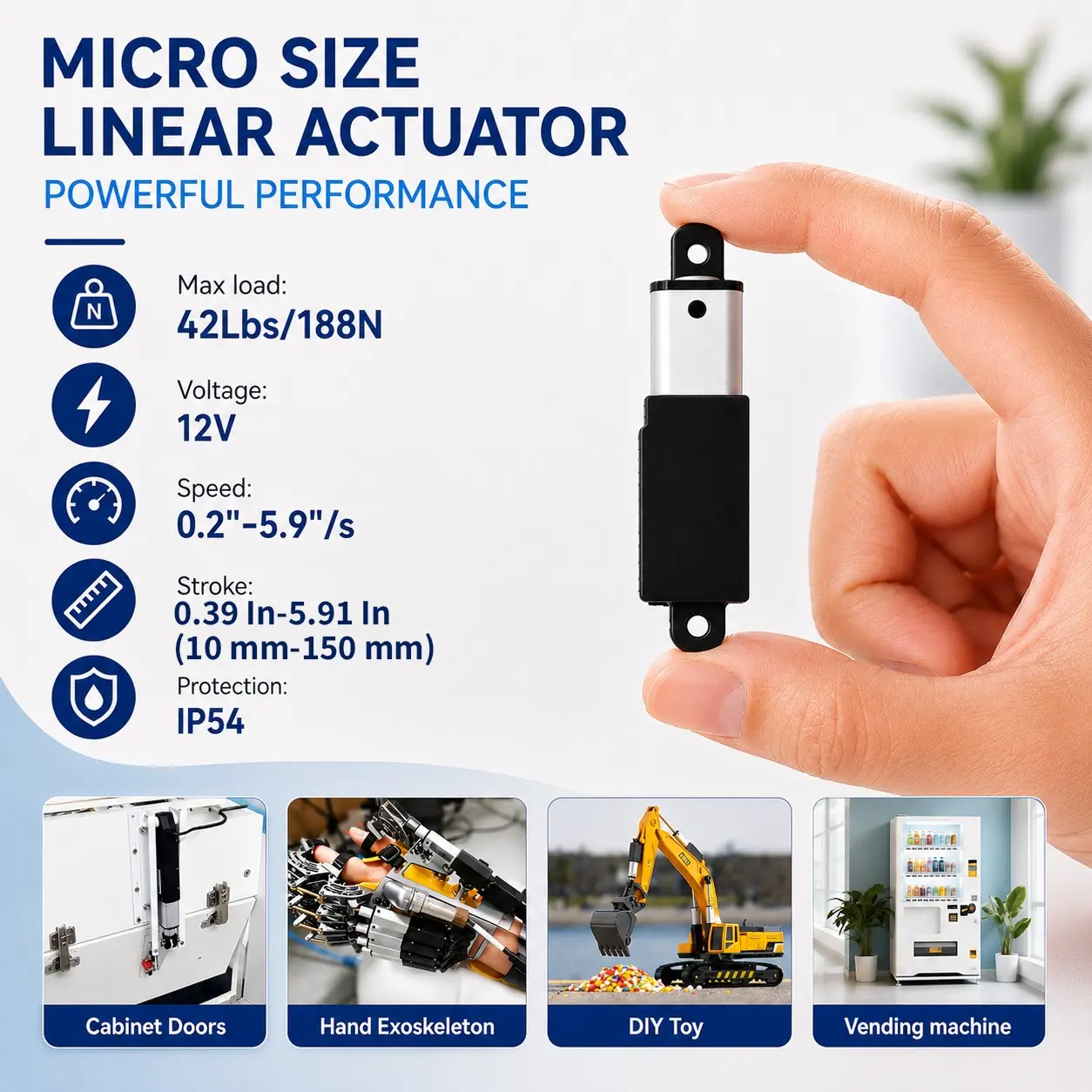 12V Mini Micro Size Electric Linear Actuator, 0.39-5.91 Inches, 42 Lbs Push Force, Ip54 Waterproof, Smart Home, DIY, Medical, Auto, Industrial, Cabinet Doors, Hand Exoskeleton Use