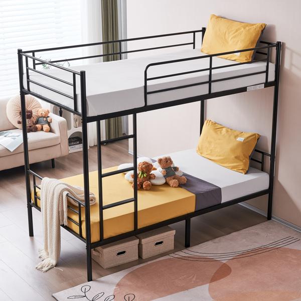Iron Bed Bunk Bed with Ladder for All Ages Twin Size Black Bedroom Bedframe with 33.5cm Fence & 26.5cm Storage Space Modern Design