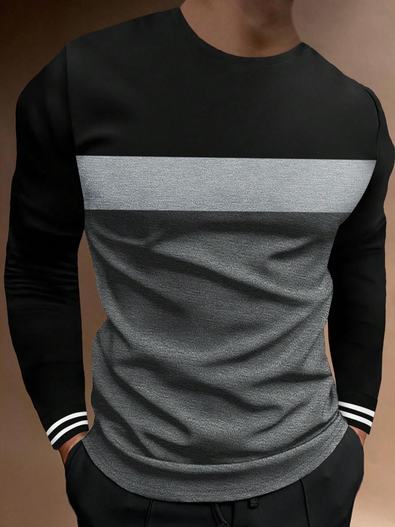 Men's Colorblock Striped Print Round Neck Tee, Casual Long Sleeve Crew Neck Jersey T-Shirt for Spring & Fall, Fashion Men's Fitted Regular Fit Top for Daily Wear