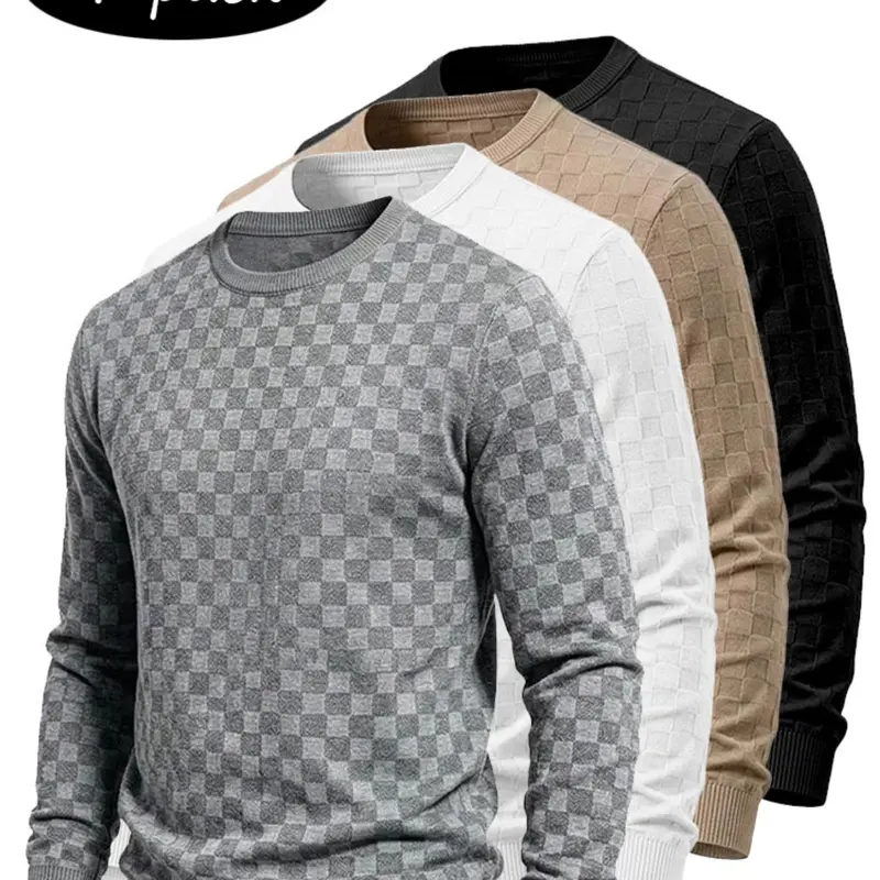 4-Pack Men's Plaid Knit Sweatshirts, Knitwear Textured Grid Pattern Long Sleeve, Soft Lightweight Casual Top, Ideal for Fall Winter Streetwear