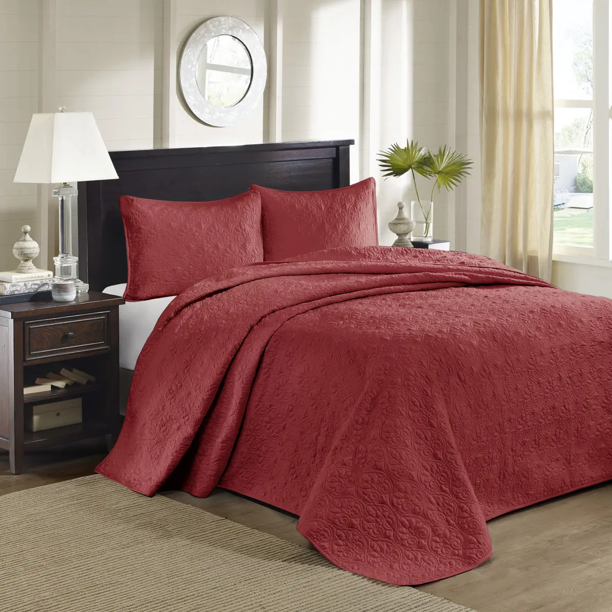 Nokaa Reversible Bedspread Set Queen Size Red Cotton Quilted Coverlet Bedding 3 Piece with Pillow Shams for Master Bedroom Guest Room