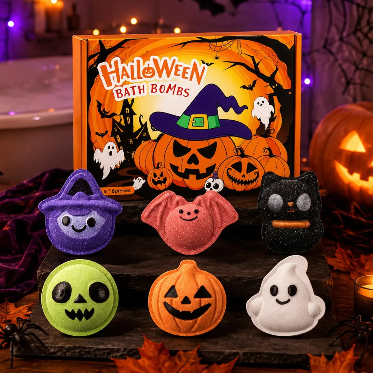 Cute Halloween Shaped Bath Bomb Kit, Ghost, Pumpkin, Bat, Witch Hat & Black Cat Fizzy Bath Bombs, Gentle Essential Oil Bath Fizzers, Fun Festive Gift Set for Holiday Party & Home Bath Experience