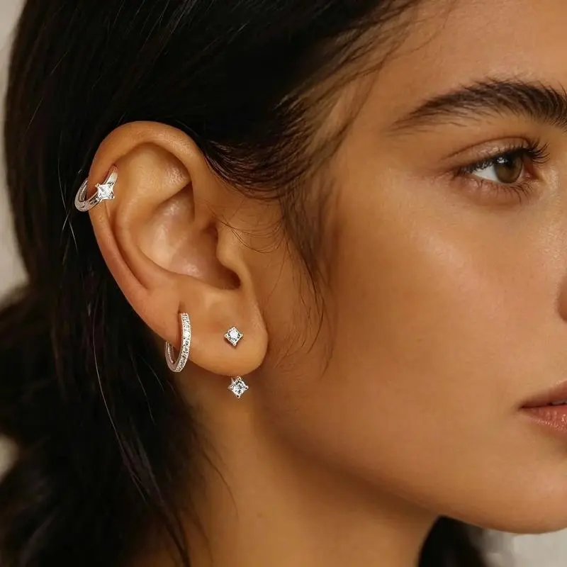 3 Pairs 925 Silver Zircon Hoop Earrings Set, Stackable Layered Piercing Jewelry, Square Drop Zircon Studs, Smooth Huggie Hoops & Full Pave Mini Hoops, Minimalist Elegant Daily Earrings