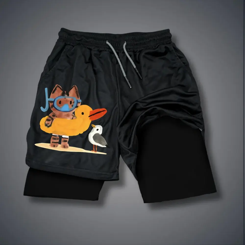 Unisex Cartoon Brown Tabby Kitten Surfing by the Sea for Summer Vacation Graphic Double-layer Shorts Personalized Pattern Y2k Clothing Double-layer Shorts,Women's Clothing, Menswear, Vintage Style,Summer Casual Oversized