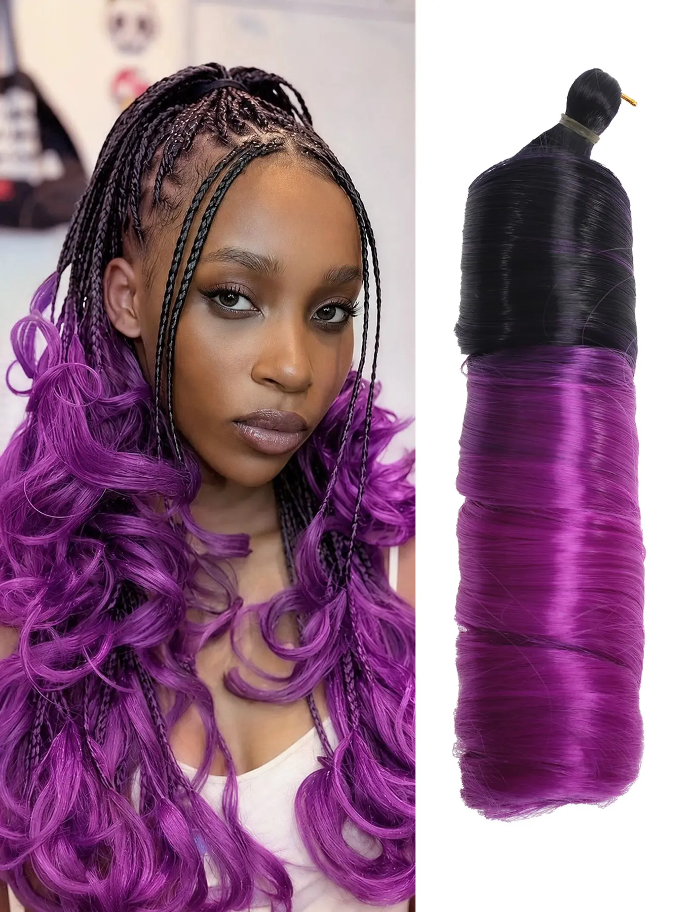French Curls Extension Braiding Hair Black Ombre Purple Synthetic Bouncy Braided Hair Extensions For Women 150g/pack French Curly Wave Body Wave Crochet Hair 22 inch