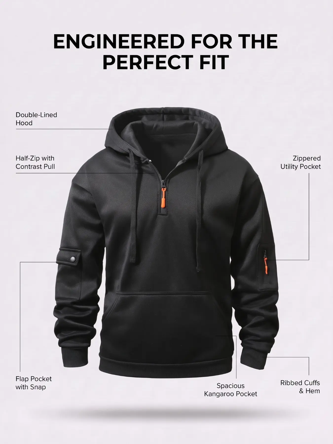 Men's Half-Zip Hoodie, Multi-Functional Sleeve Pockets, Drawstring Hooded Sweatshirt, Tactical Style Loose Long Sleeve Top, Streetwear Upper