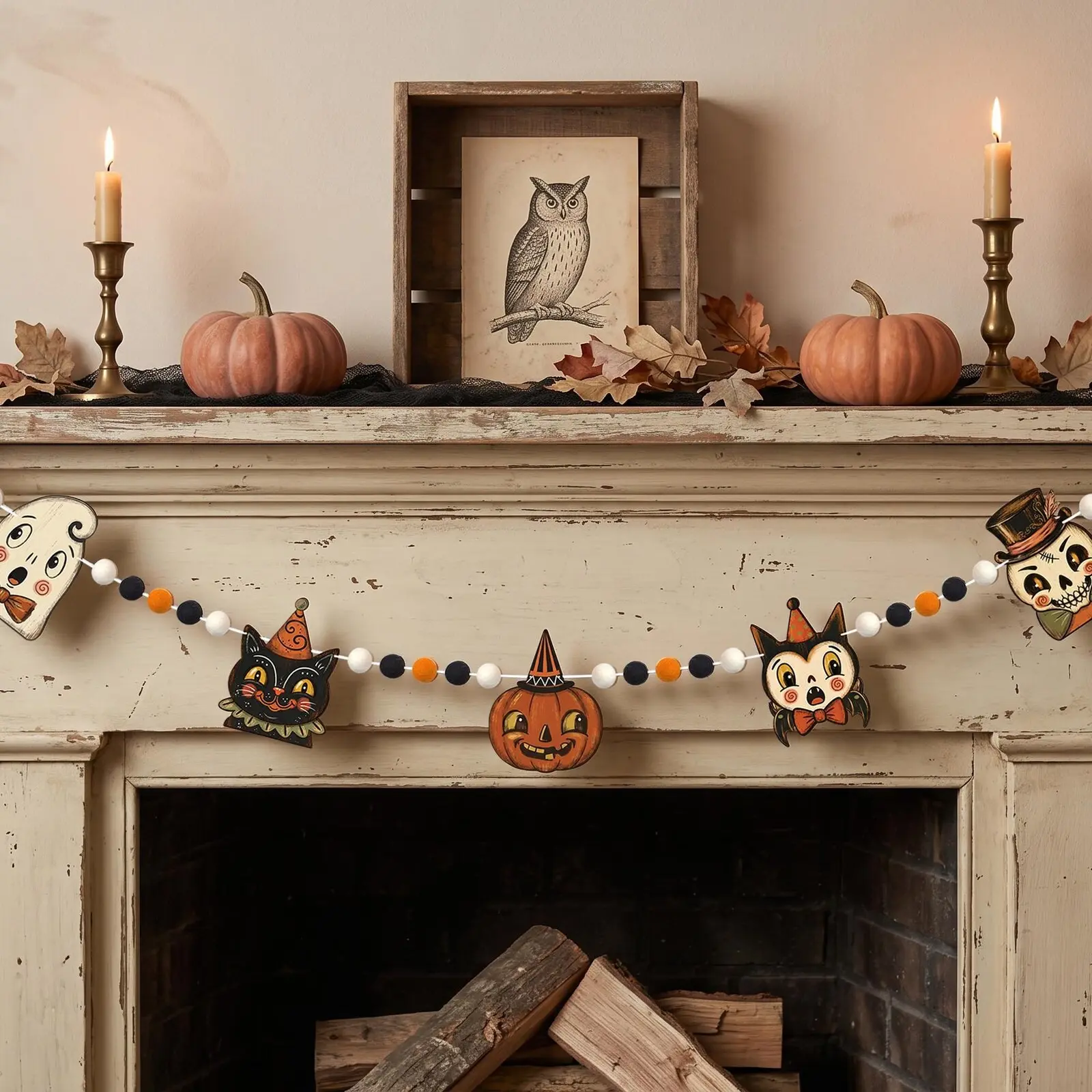 Halloween Garland, Vintage Halloween Decor Indoor and Outdoor, Mantel Decor, Halloween Felt Garland, Pom Pom Garland, Housewarming Gifts