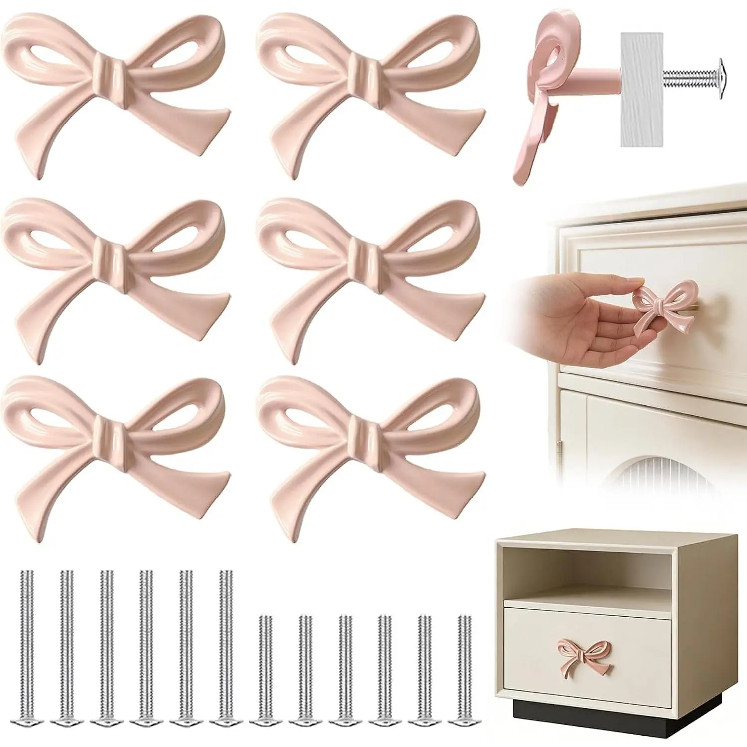 Decorative Bow Dresser Knobs, 6-Pack Pink Elegant Zinc Alloy Solid Hardware Pulls for Drawers, Storage Cabinets, Bookcases