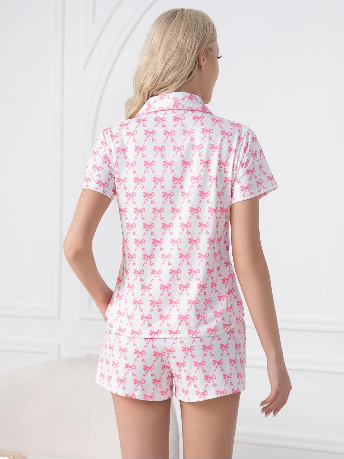 Women's All Over Bowknot Print Pajama Two-Piece Set, Cute Short Sleeve Lapel Top & Pocket Shorts PJ Set, Women's Sleepwear for Summer