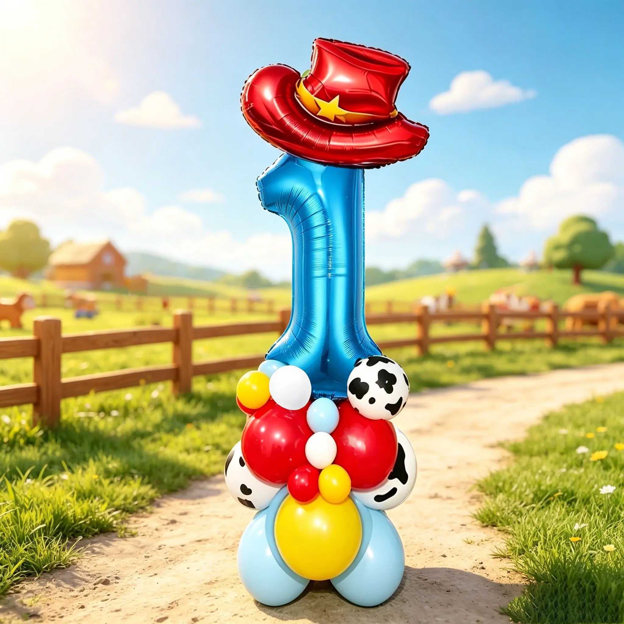 Western Cowboy Farm Theme Balloon Column Set, Includes Blue Number Foil, Cow Print Balloons, Animal Print Balloons, Perfect for Outdoor Birthday Parties