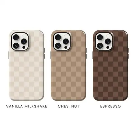 Neutral Brown & Cream Checkered Shockproof Smartphone Case - Protection Cover Shell for iPhone 12,13,14,15,16,17,11,X & Samsung Devices, Holiday Gift Accessory