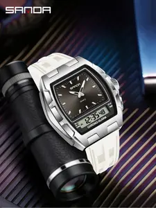SANDA 6375 Fashion Men' s Digital Watch Dual Display Alarm Clock Luminous Watch Calendar Stopwatch Men Casual  Sportive Analog-digital Quartz Watch, Fashionable Waterproof Watch with Luminous & Alarm & Calendar Function, with Box and Handline