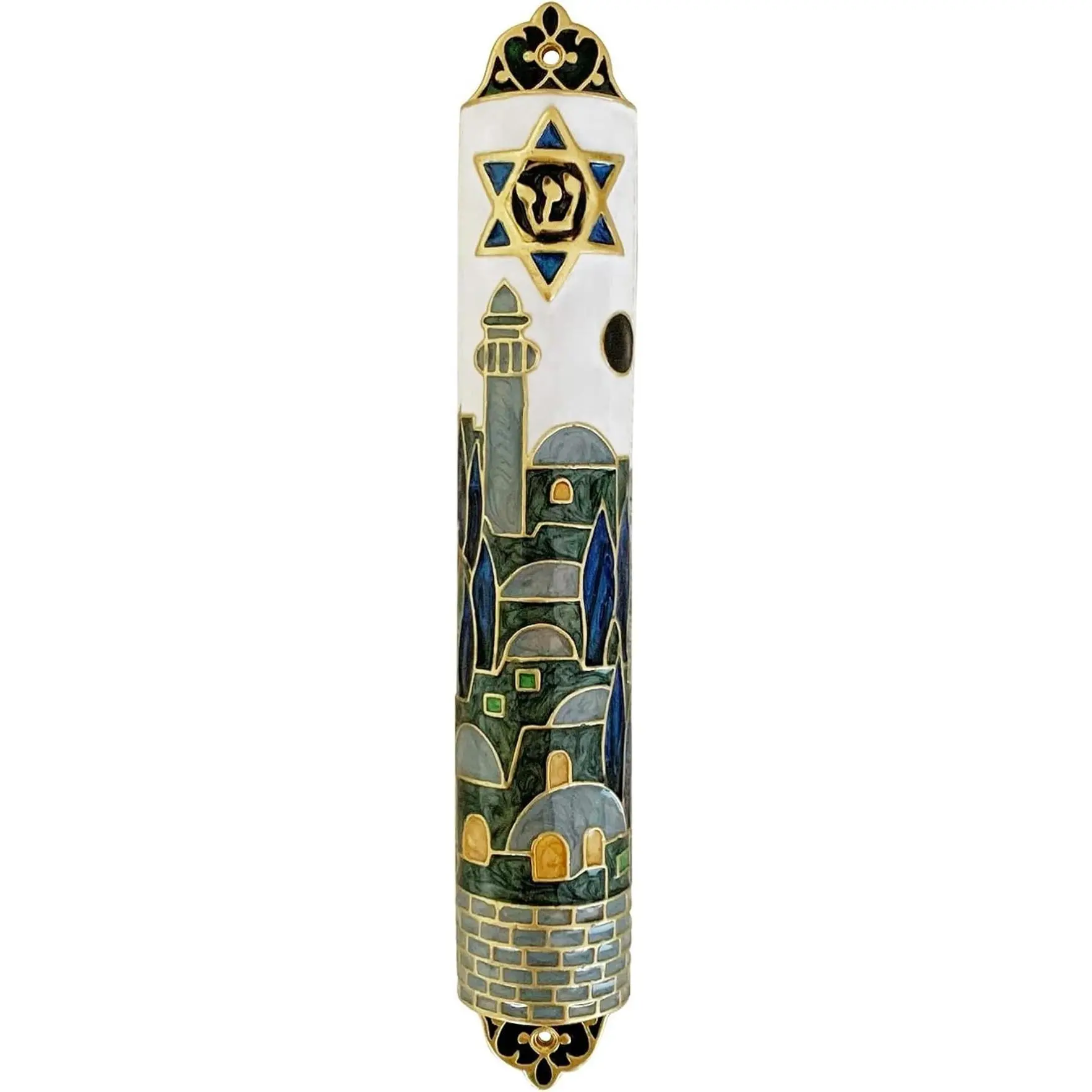 Hand Painted Mezuzah, Exquisite Enamel Mezuzah with Star of David and Jerusalem Motifs