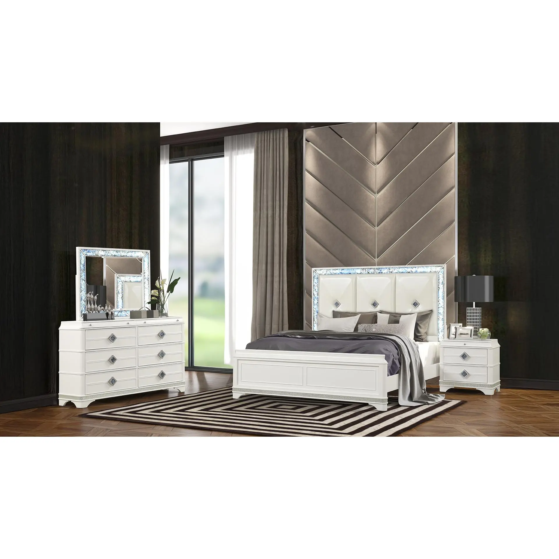 Nokaa Laguna Modern 4-Piece King Size Indoor Bedroom Set - White Faux Upholstery, Wood Frame, LED Lighting, Crystal Accents, Includes Bed, Dresser, Mirror, Nightstand, Box Spring Req.