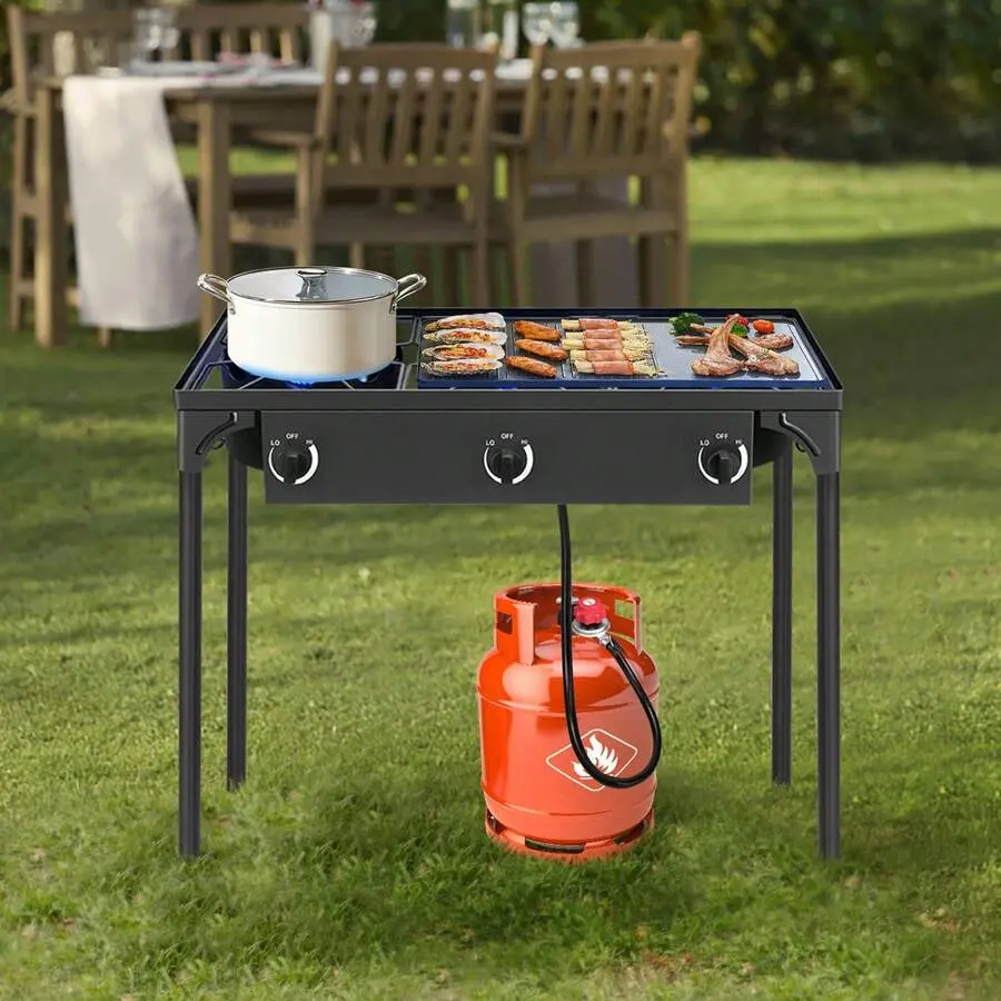 Portable 3 Burner Propane 225,000BTU Outdoor Stove With Adjustable Legs, Black