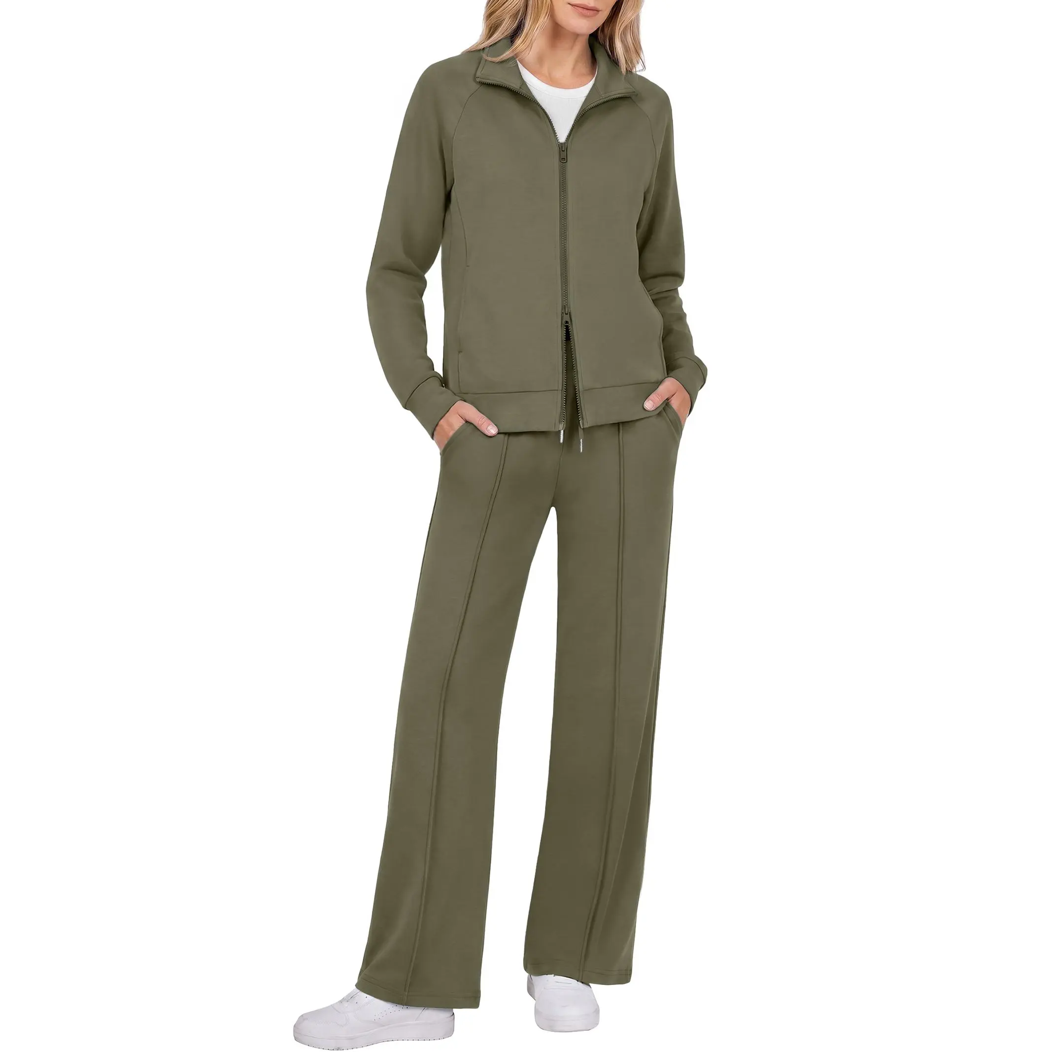 Casly Lamiit Women's 2-Piece Tracksuits - Loose Fit Breathable Gym Jogging Zip-Up Mock Neck Sweatshirt Sets with Double Zipper, Thumb Holes, Machine Wash for Fall Winter Lounge Travel, Two Piece Set