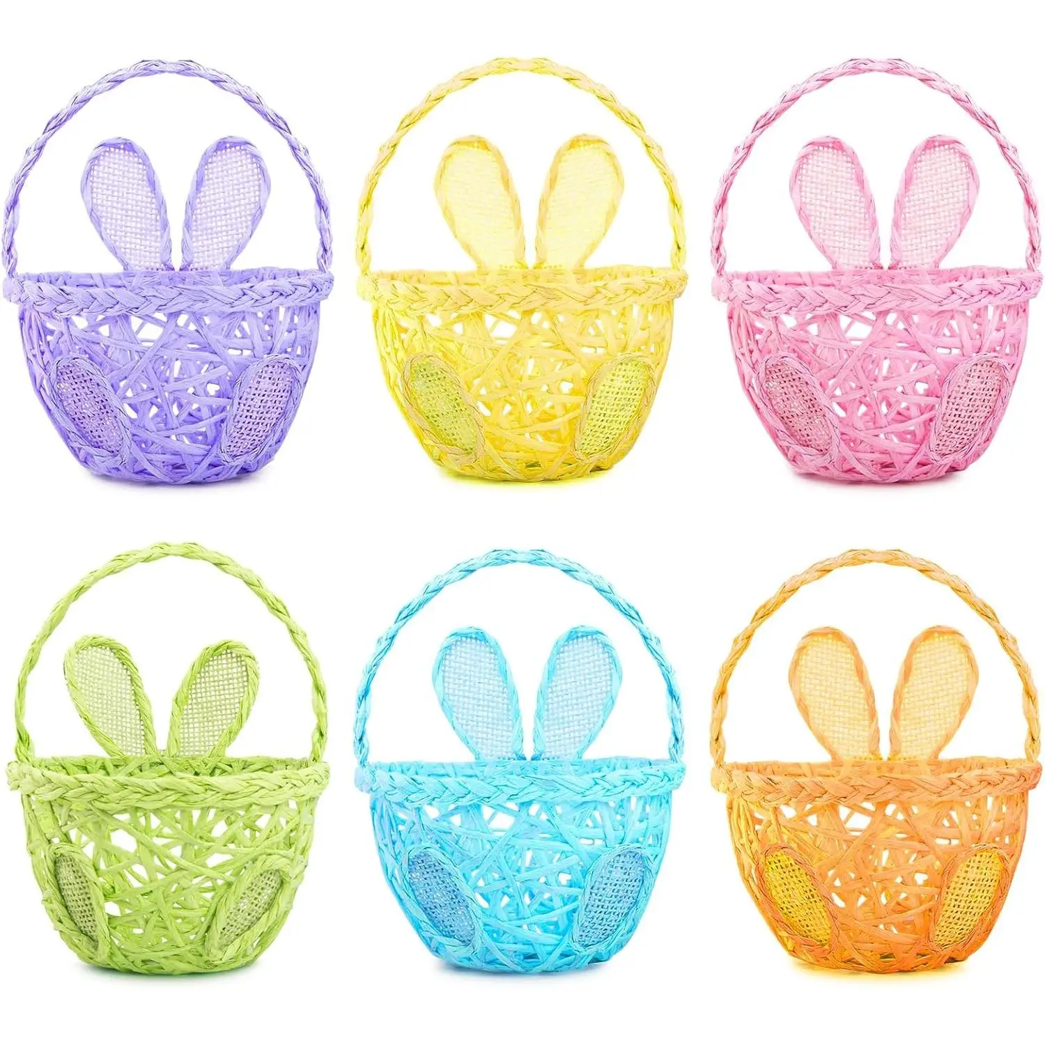 6-Piece Handmade Bunny Ears Easter Egg Basket Set, 6-Color Festive Decor for Easter Holiday Celebration Party (Home & Party Supplies)