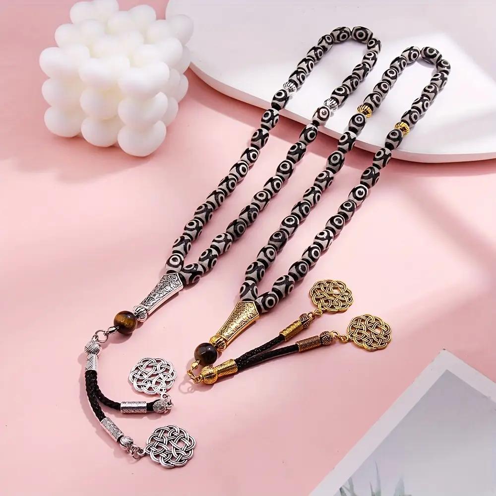 33pcs Agate Bead Bracelet Misbaha Tasbih - 8x12mm Handmade Prayer Rosary Necklace - Suitable for Worship Salah and Recitation Dhikr - Ideal Gift for Eid al-Fitr, Ramadan - Suitable for Daily Prayers - Comes with Premium Gift Box