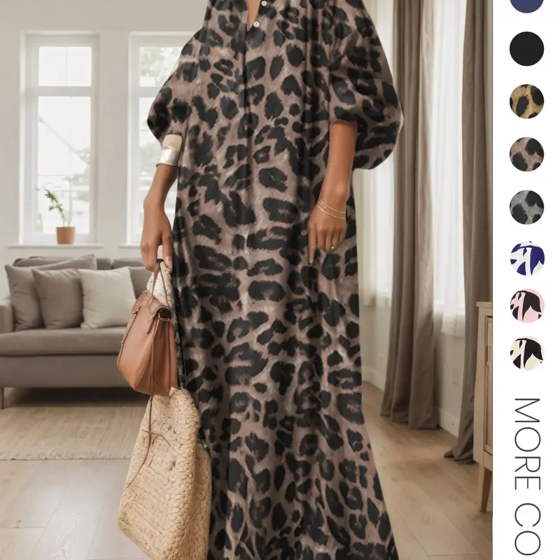 Women's All Over Leopard Print Dress, Bohemian Chic Casual, Casual Street Long for Vacation Wear, Ladies Clothes for Daily Wear