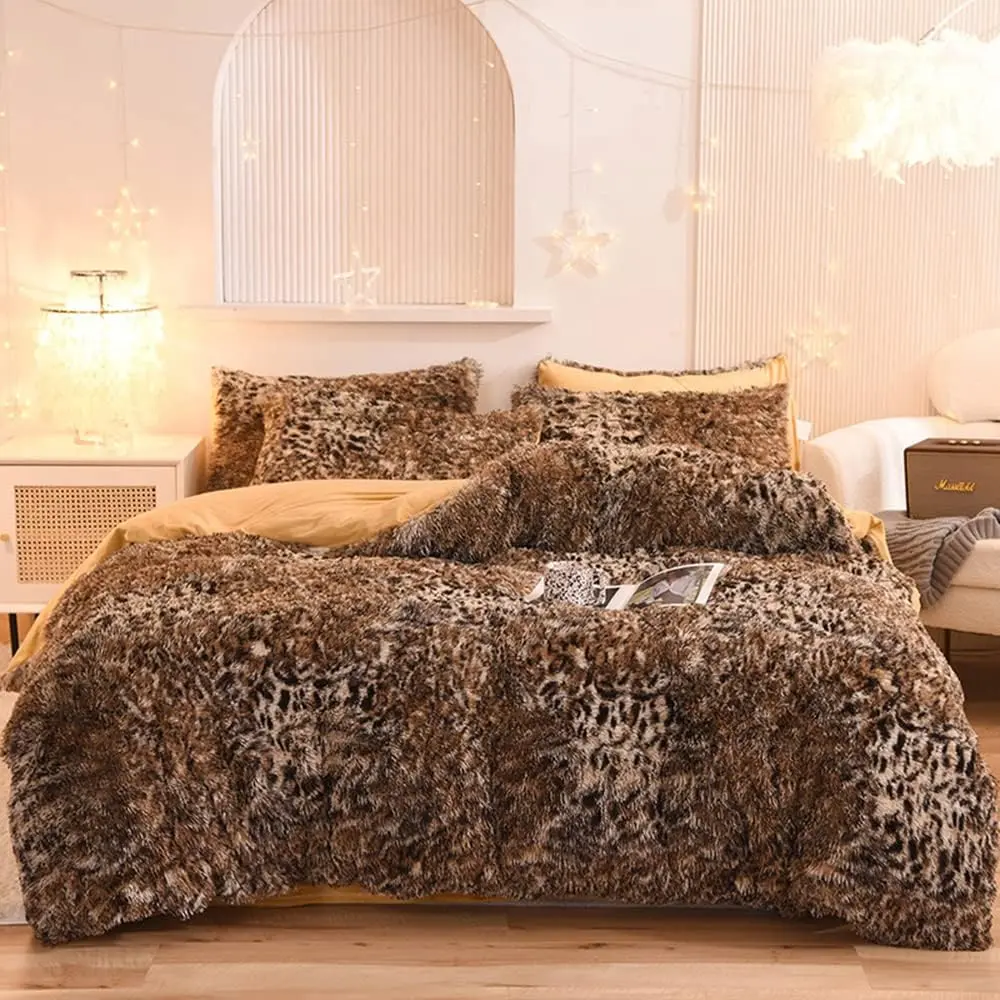 Leopard Print Duvet Cover Set Shaggy  Duvet Cover Set, Print  Duvet Cover,Faux  Quilt Cover with Pillow Shams,Zipper Closure  Size
