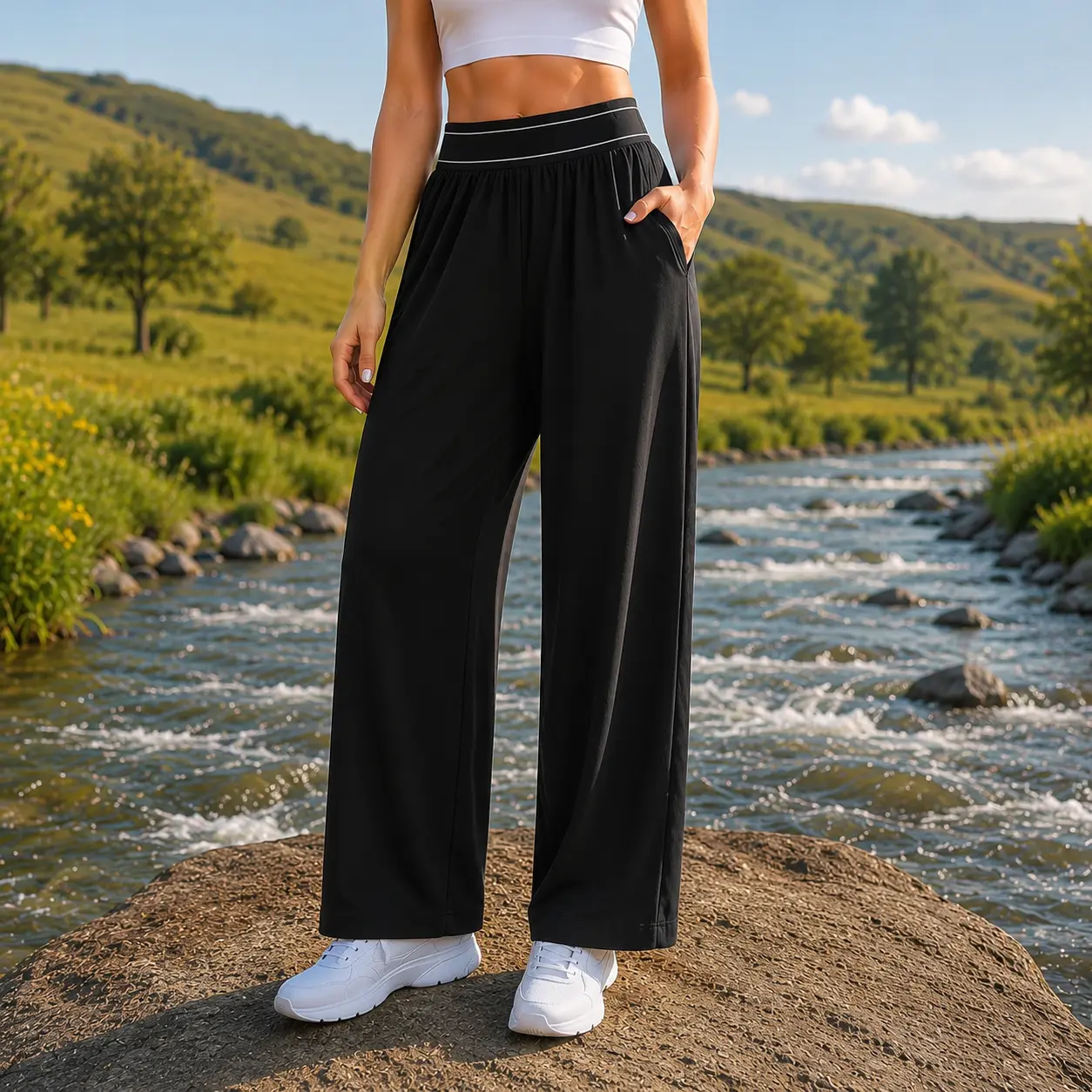 Women's wide leg yoga style women's wide leg pants yoga front fold loose elastic waist sports straight pocket soft black casual women's sportswear women's sportswear shirt basic slim fit daily wear lightweight summer wear